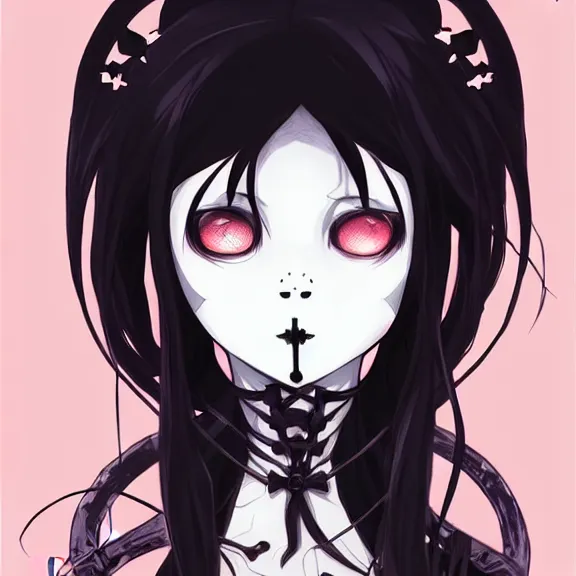 Prompt: cute little goth girl with black hair anime character inspired by jason voorhees, alphonse mucha art by rossdraws, artgem lau, sakimichan, jakub rebelka and makoto shinkai, anatomically correct, extremely coherent, highly detailed, sharp focus, pop movies, smooth, very realistic, symmetrical
