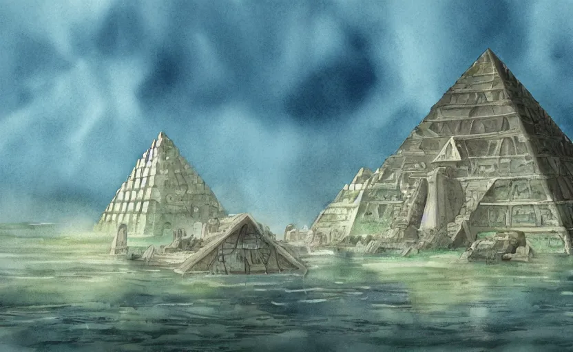 Image similar to a realistic and atmospheric cell - shaded watercolor concept art from howl's moving castle ( 2 0 0 4 ) of a sci - fi city and an egyptian pyramid complex in a flooded rainforest. very dull muted colors, hd, 4 k, hq