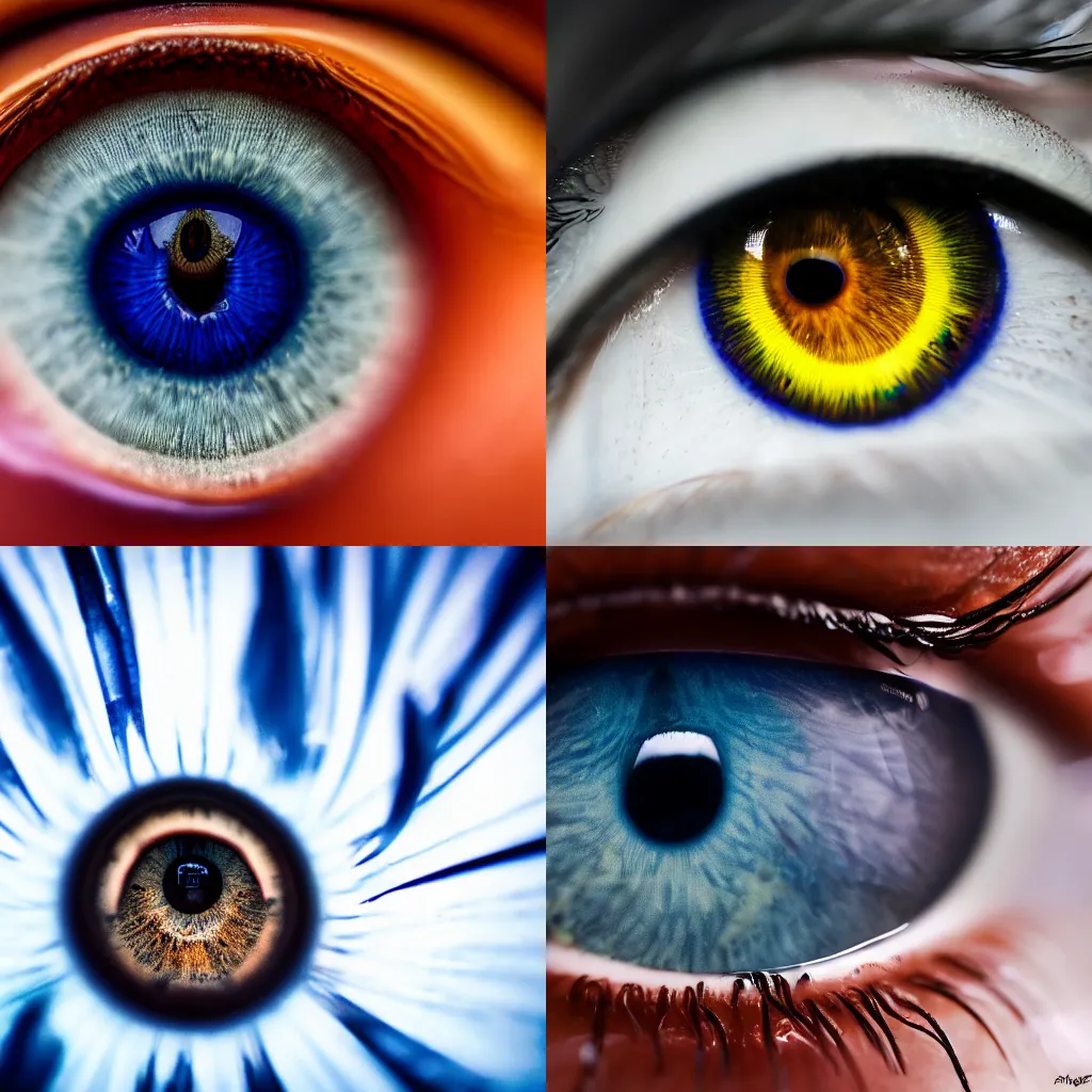 Prompt: macro photo of a human eye, wide open, blue iris, eyelashes, macro photography, beautiful, sharp focus, full color, high quality, 4 k,
