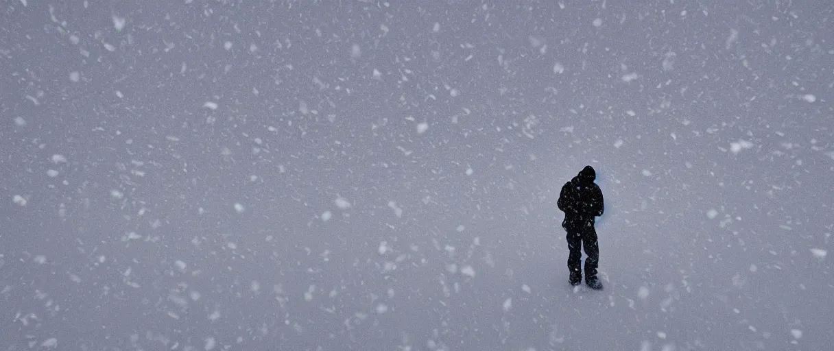 Image similar to a high quality color closeup hd 4 k film 3 5 mm photograph of very heavy snow blizzard in desolate antarctica, the faint barely visible silhouette of a bulky man is inside the blizzard