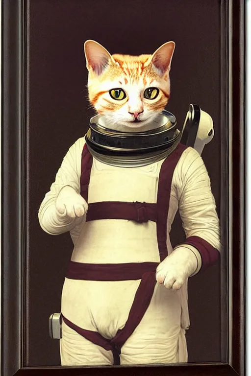 Image similar to portrait of a cat astronaut with japanese armor and helmet, majestic, solemn, by bouguereau