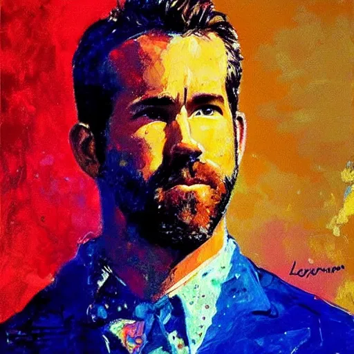 Prompt: ryan reynolds by leroy neiman, intricate, ultra detailed painting, atmospheric lighting, golden hour