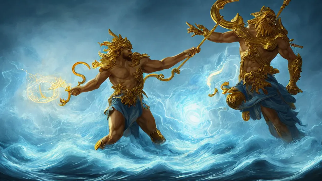 Prompt: Character concept art, Digital Paint, Zeus fighting Poseidon, Character Design, Digital Art, Gold Light, Blue Mist, Divine, Sky, 8K, ornate, Trending on Artstation, in the style of James Jean