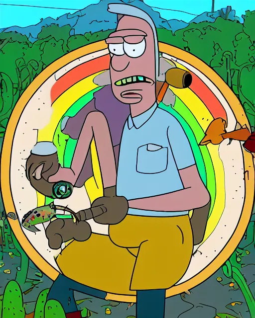 Image similar to Rainbow Trout farmer drawn in the style of Rick and Morty, Adult Swim, Rick and Morty, Justin Roiland