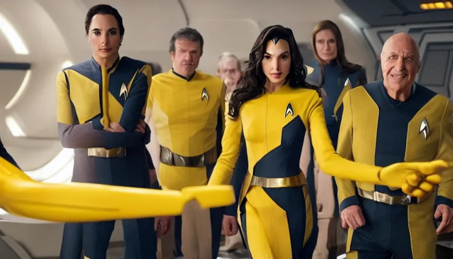 Image similar to Gal Gadot, wearing a yellow uniform, is the captain of the starship Enterprise in the new Star Trek movie