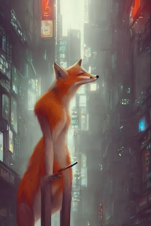 Image similar to beautiful portrait of a tall female anthro fox smoking a cigarette white standing head and shoulders taller than the bustling crowd of a rainy city street, cyberpunk, harsh neon lights, highly detailed, sharp focus, digital painting, illustration, trending on artstation, art by sakimichan, wlop, greg rutkowski