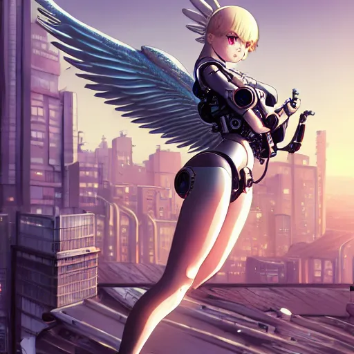 Image similar to cute cyborg - angel girl with large angelic wings standing on the edge of a rooftop overlooking a apocalyptic city, left eye gold and right eye silver, biomechanical details, bionic cyborg implants, digital cyberpunk - anime art, full body shot, wlop, ilya kuvshinov, artgerm, krenz cushart, greg rutkowski