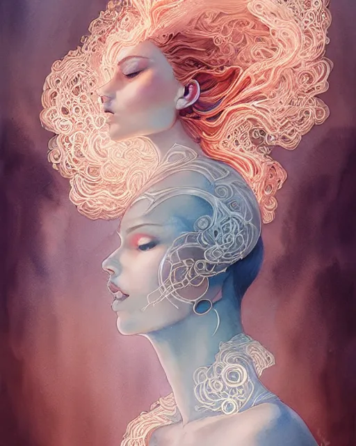 Image similar to Rose Gold intricate lace smoke portrait, geometric watercolor art by peter mohrbacher and artgerm, radiant halo of light