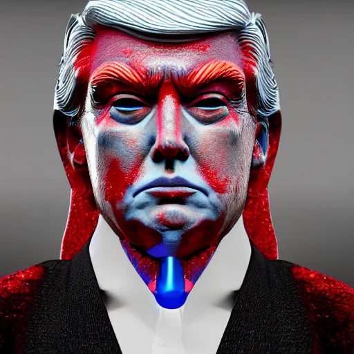 Image similar to donald trump as violin player full body detailed, ethereal, cyborg biomechanics, covered in blood diamonds and other gems glowing, highly detailed face, evil posed, evil expression, intricate, extremy detailed, beeple, cgsociety, 3 d unreal engine octane render. cinematic lighting, highly detailed 4 k art