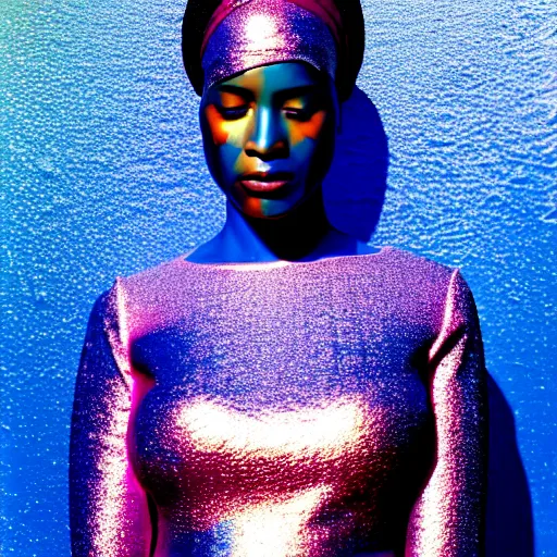 Image similar to portrait of african woman, iridescent metallic face, mercury, mirror reflections, smooth, liquid metal, proud, looking away, outdoor, blue sky, fashion advertising campaign, 8 k, realistic, depth of field, highly detailed, award winning photography, by richard mosse