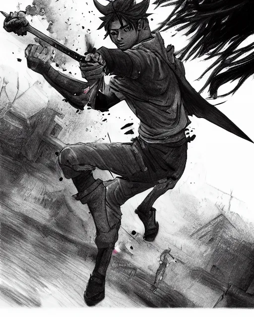 Image similar to a very detailed pencil drawing of 2 1 savage in demon slayer manga panel, action lines, greg rutkowski, in field high resolution, dynamic pose, landscape, medium portrait, action, hyper realistic, manga, koyoharu gotouge, sakuga