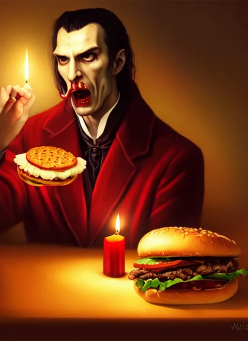 Prompt: portrait of dracula eating a hamburger while reclining, intricate, elegant, glowing candle lights, highly detailed, digital painting, artstation, concept art, smooth, sharp focus, illustration, art by wlop, mars ravelo and greg rutkowski