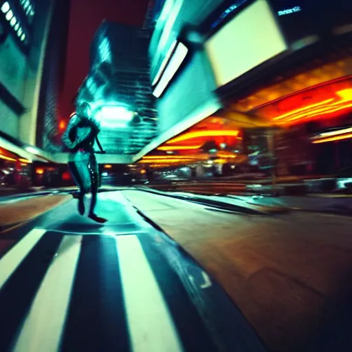 Image similar to gopro pov of a woman wearing scifi helmet running motion blur, cyberpunk night, city, raining