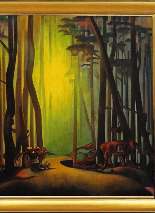 Prompt: 1920s decorated art deco by Tito Corbella, surrealist sunset casts long exaggerated shadows by Dali, light rays illuminate dust, impressionst oil painting on wood, big impressionist oil paint strokes, forest color scheme