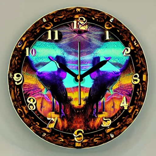 Image similar to a trippy coo coo clock face psychedelic art 3 d