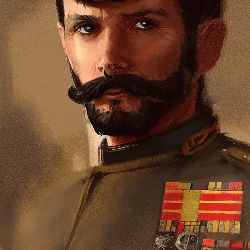 Image similar to portrait of a man by greg rutkowski, british features, short black hair in military style, moustache, perfect military composure, wearing imperial captain uniform, star wars expanded universe, he is about 4 0 years old, highly detailed portrait, digital painting, artstation, concept art, smooth, sharp foccus ilustration, artstation hq