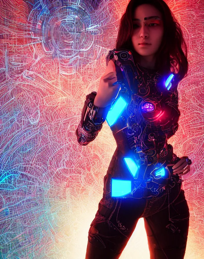 Image similar to full body portrait photo of afghan model cyborg with digital led skin, neon lighting, techno neon projector background, portrait photo, intricate details, ultra realistic, unreal engine 5, depth of field, bokeh, octane render, 8 k hd