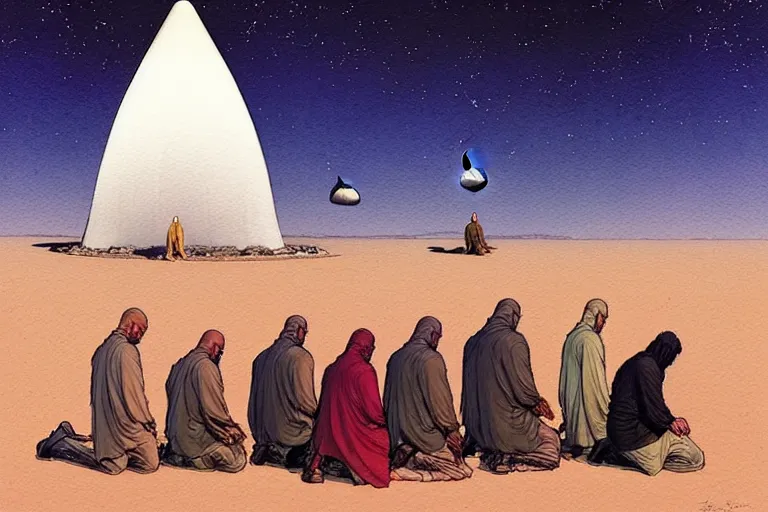 Image similar to a hyperrealist watercolour character concept art portrait of a group of middle eastern men kneeling down in prayer in front of a giant alien on a misty night in the desert. a ufo is in the background. by rebecca guay, michael kaluta, charles vess and jean moebius giraud