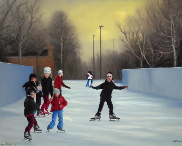 Image similar to Children ice skating. Oil painting by Norbert Schwontkowski.