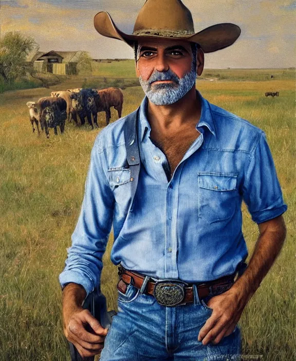 Prompt: portrait of george clooney as a rural texas rancher, art by denys tsiperko and bogdan rezunenko and julian onderdonk, hyperrealism