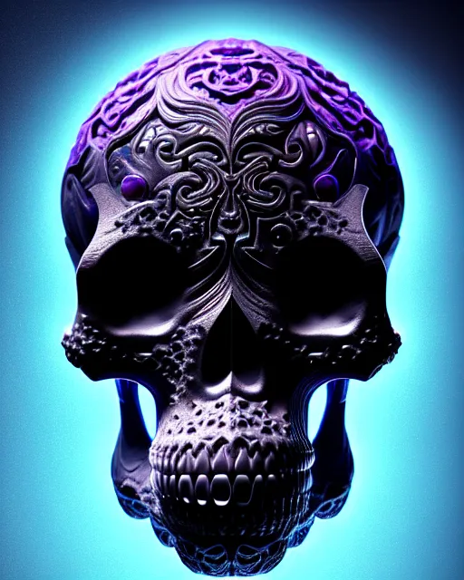 Image similar to 3 d ornate carved dark cosmic skull with profile portrait, sigma 5 0 0 mm f / 5. beautiful intricate highly detailed aquarium bioluminescent, plasma, lava, ice, water, wind, creature, thunderstorm! artwork by tooth wu and wlop and beeple and greg rutkowski, 8 k trending on artstation