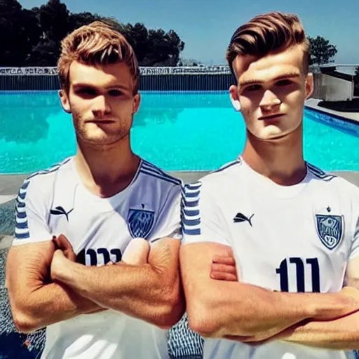 Image similar to a realistic detailed photo of a guy who is an attractive humanoid who is half robot and half humanoid, who is a male android, soccer players martin ødegaard & timo werner, shiny skin, posing like a statue, blank stare, by the pool, on display, showing off his muscles