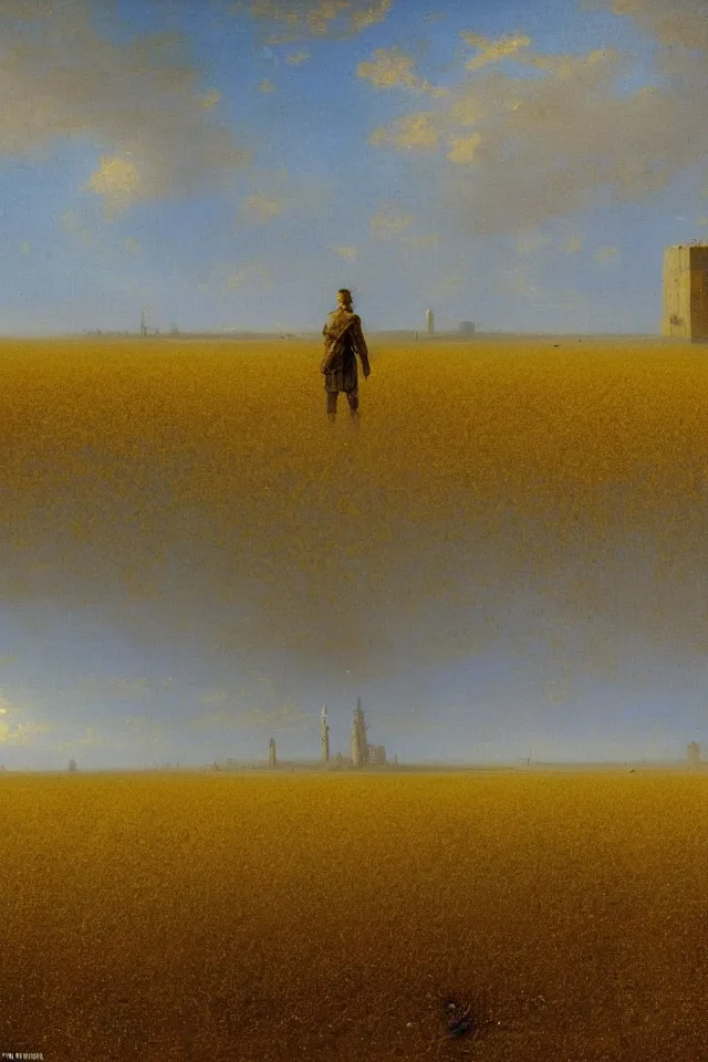 Prompt: the back view of one small terminator robot, standing in the middle of yellow wheat fields, looking at some gargantuan tall buildings by Ivan Aivazovsky, golden ratio