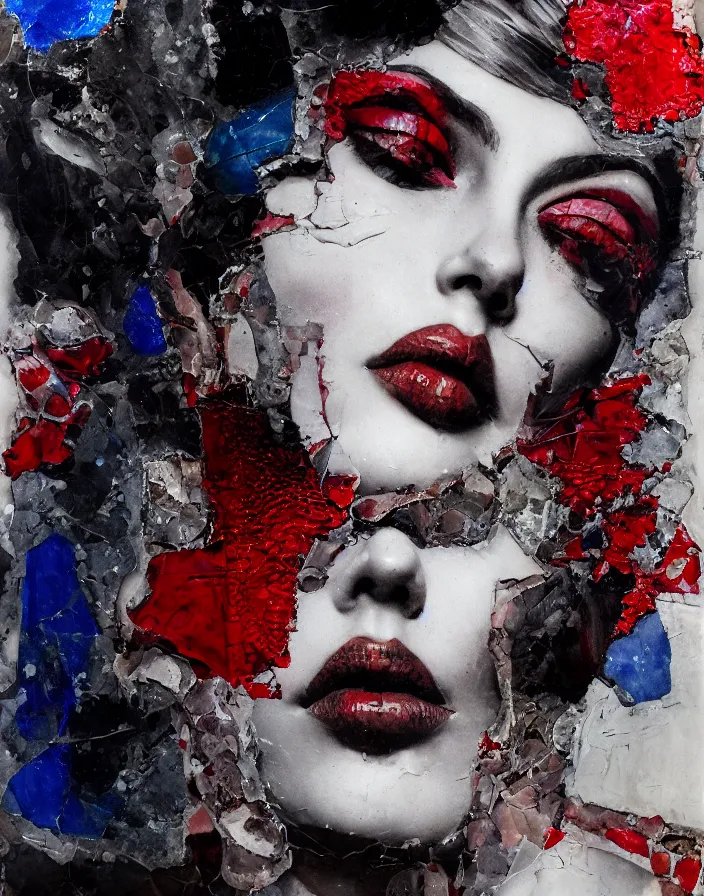 Prompt: languid temptation. mixed media collage with shattered glass and marble texture in style of contemporary art, punk art, photorealistic face, expressionism, masterpiece, perfect composition, photorealistic beautiful face, spectacular quality, deep shadows, intricate oil details, red, white, blue, black