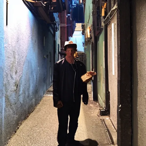 Image similar to photo of a very suspicious shady man holding cheese in a dark alleyway