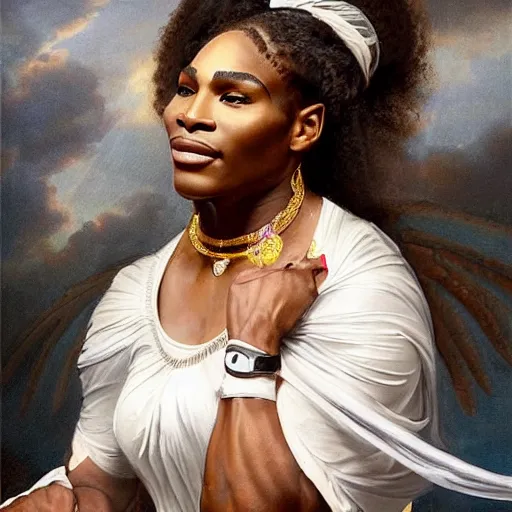 Prompt: full body portrait of serena williams as nike goddess with perfect hands, large wings, luxuriant, dreamy, eternity, romantic, strong pose, highly detailed, in the style of franz xaver winterhalter, highly detailed, in the style of aetherpunk