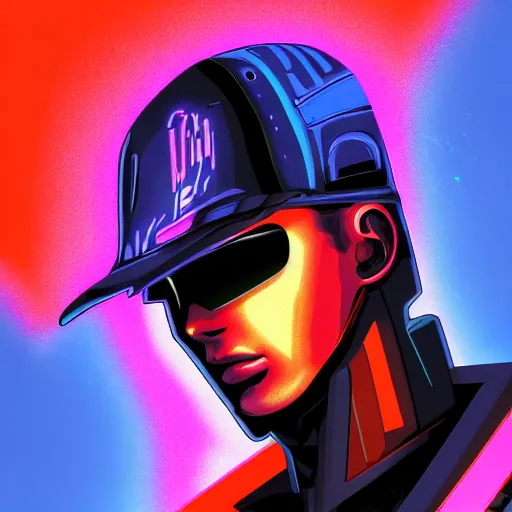 Prompt: a synthwave android with a visor, a sweatshirt, and a cool hat, digital art, cyberpunk, vivid, technological