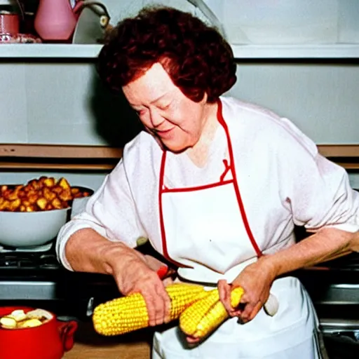 Prompt: color photo of julia child cooking show making corn dogs