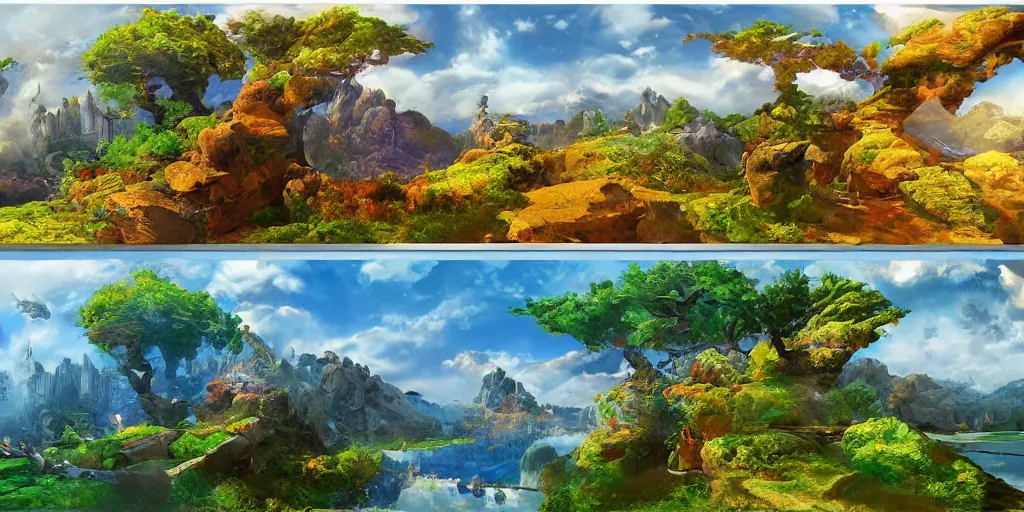 Image similar to a high quality professional 360 painting of a fantasy landscape