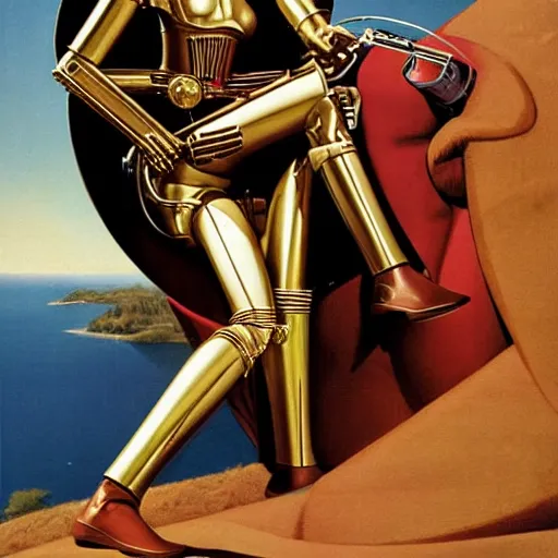 Image similar to a reclining c3po with a smiling female human face by Gil Elvgren, holding a smoking ray-gun, full body