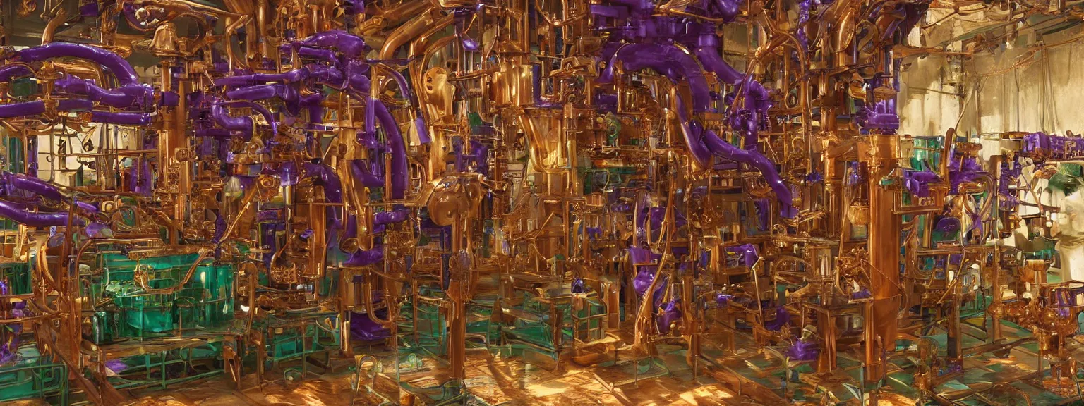 Prompt: a super high resolution film still of machine apparatus for making snake oil, huge copper machine with purple and green intricate pipework, art by andrey remnev, and bruce pennington, directed by denis villeneuve, cinematography by robby muller, kodachrome 8 k, snake machine, cinematic lighting