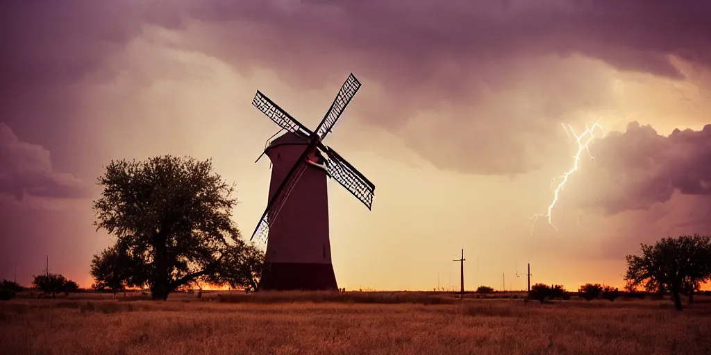 Prompt: photo of a stormy west texas sunset, perfect american windmill, film photo, lightning, golden hour, high quality, beautiful!!!