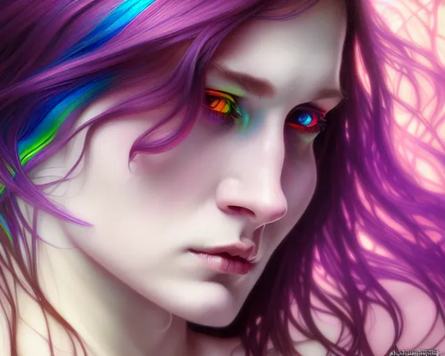 Image similar to overlord, rainbow hair, portrait, highly detailed, deep focus, elegant, digital painting, smooth, sharp focus, illustration, ultra realistic, 8 k, art by artgerm and alphonse mucha and edgar maxence