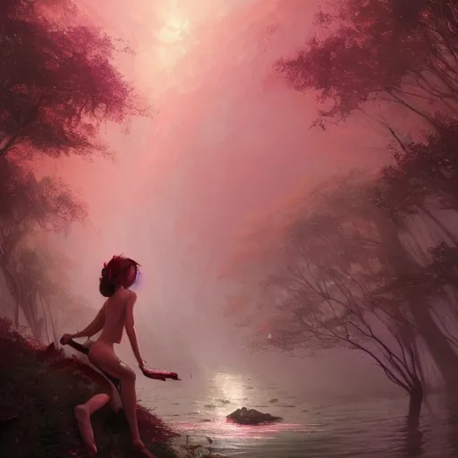 Prompt: forest nymph rising from the water. pink pixie dust. view from behind, wide angle view, back view. nuri iyem, james gurney, james jean, greg rutkowski, anato finnstark. trending on artstation, starlight, and enchanted dreams