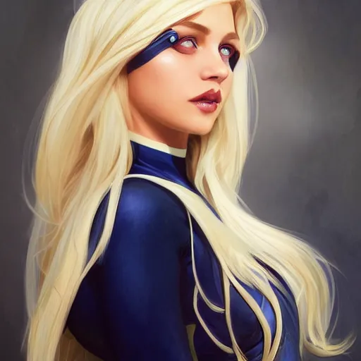 Prompt: a beautiful portrait of a beautiful cute superhero woman, blonde hair, matte navy - blue bodysuit with a white cape and white shoulders, intricate, elegant, 8 k, hdr, vivid colors, highly detailed, digital painting, concept art, smooth, sharp focus, illustration, disney, by artgerm and loish and wlop and alphonse mucha