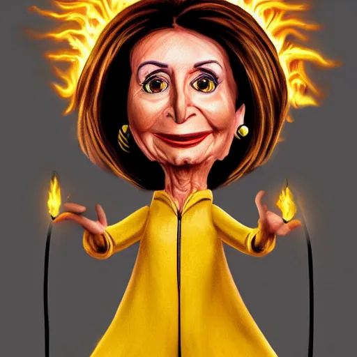 Prompt: « full length portrait of nancy pelosi as an muppet in a white robe and flaming yellow eyes, seven stars in right hand, grim - lighting, high - contrast, intricate, elegant, highly detailed, digital painting, artstation, concept art, smooth, sharp focus, illustration »