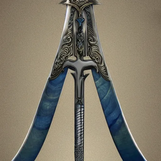 Prompt: A huge two-handed sword with a wavy blade and large cross guard, nearly six feet long. The blade has a faint blue sheen, and radiates a sense of unease. Photorealistic