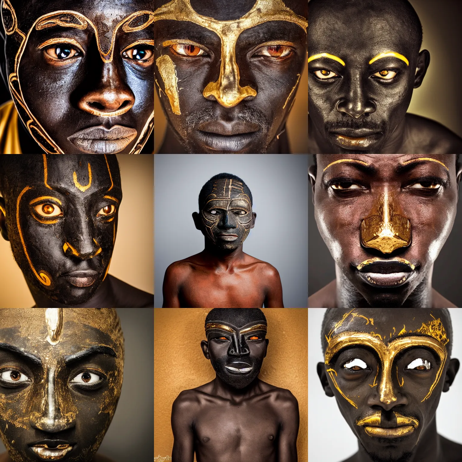 Prompt: african man with an ancient mask and golden eyes clouded in darkness, award winning photography, HD