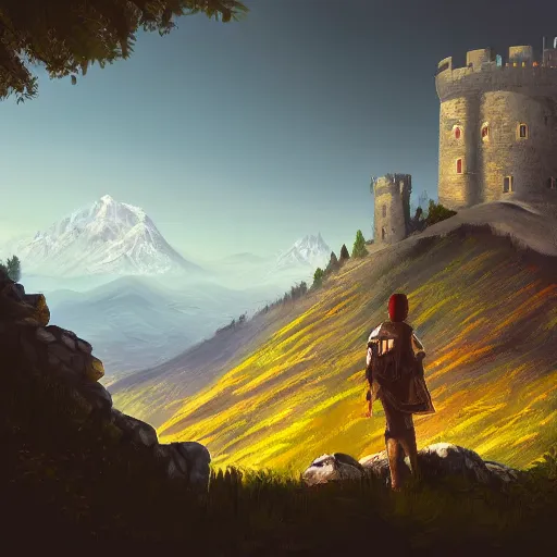 Image similar to a traveler on a mountain overlooking a castle in a valley, game art, digital painting, golden hour,