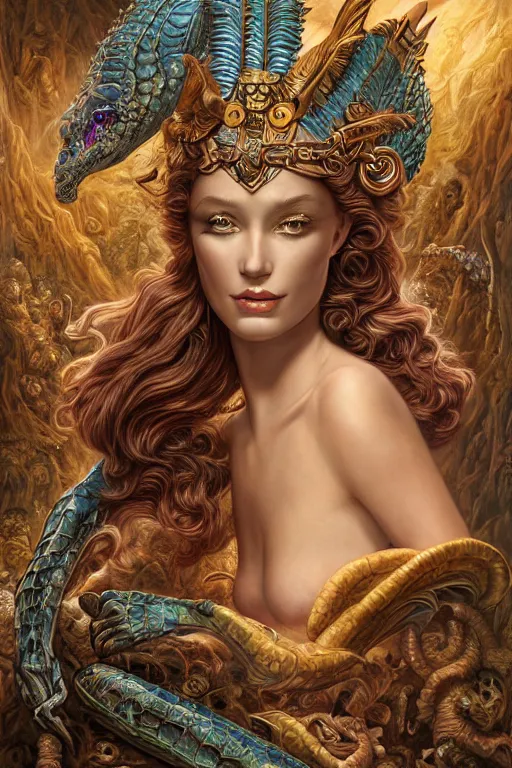 Image similar to Mystical Valkyrie, Portrait of a beautiful female Atlantean Reptilian Warrior, Realistic, Regal, Refined, Detailed Digital Art, Michael Cheval, Walt Disney (1937), François Boucher, Oil Painting, Steampunk, Highly Detailed, Cinematic Lighting, Unreal Engine, 8k, HD