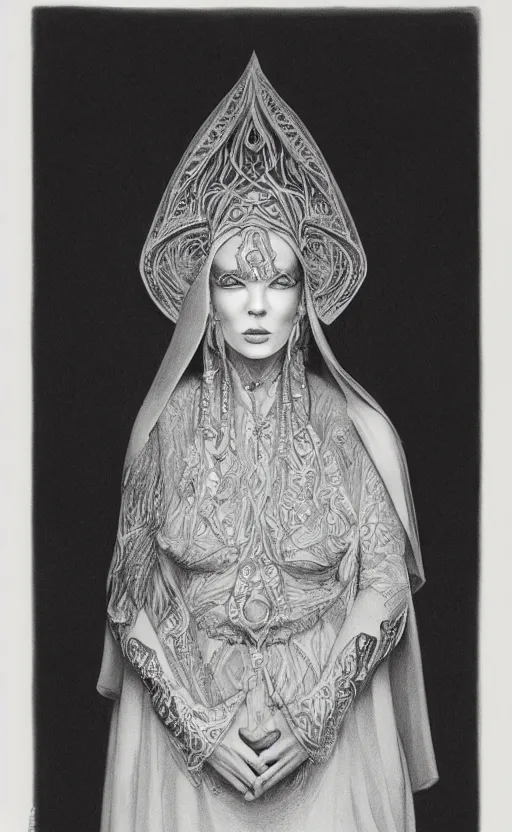 Prompt: the high priestess, by vonnart, black and white graphite drawing, smooth render, 3 / 4 view