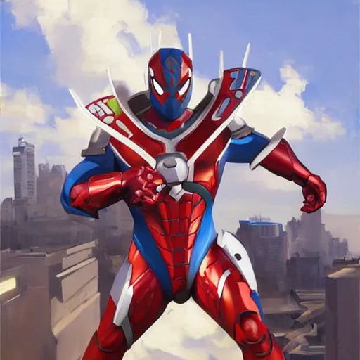 Prompt: greg manchess portrait painting of armored spiderman ultraman japanese cyborg hybrid as overwatch character, medium shot, asymmetrical, profile picture, organic painting, sunny day, matte painting, bold shapes, hard edges, street art, trending on artstation, by huang guangjian and gil elvgren and sachin teng