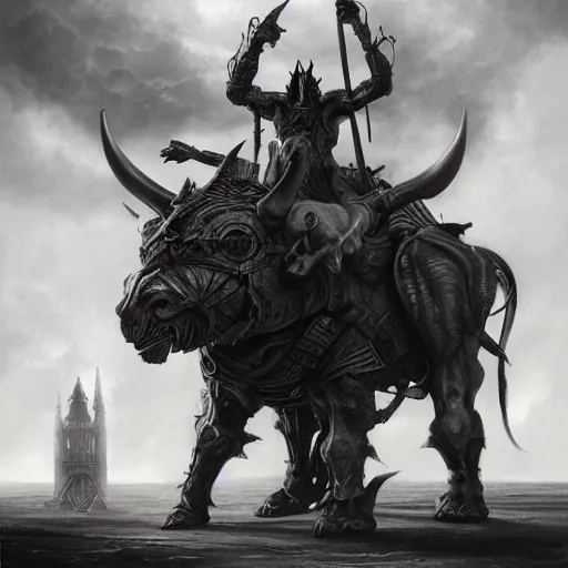 Prompt: By Tom Bagshaw and Boris Vallejo, ultra realist soft painting of a warzone by night, centered Gothic armored Minotaur standing, horror, omnious sky, symmetry accurate features, very intricate details, black and white, volumetric light clouds