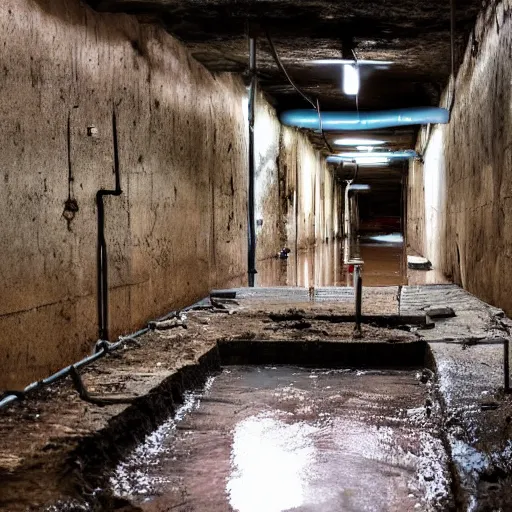 Image similar to deep underground bunker, flooded, dirty water, rusty pipes, cables