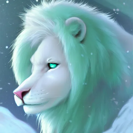 Image similar to aesthetic portrait commission of a albino male furry anthro lion wearing a cute mint colored cozy soft pastel winter outfit, winter atmosphere character design by charlie bowater, ross tran, artgerm, and makoto shinkai. art from furaffinity, weasyl, deviant art, inkbunny