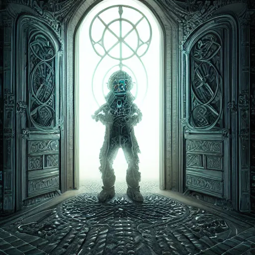 Image similar to an intricate and detailled render of the last gatekeeper, standing in front of the door of time glowing from it's magic plasma, by tivadar csontvary kosztka,, trending on art station, + soft illumination, intricate detail, highly detailed, atmospheric, hades, rendered in octane, slav epic